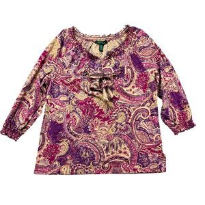 Lauren Ralph Lauren Blouse Women's Large Purple Paisley Ruffle 3/4 Sleeve Shirt